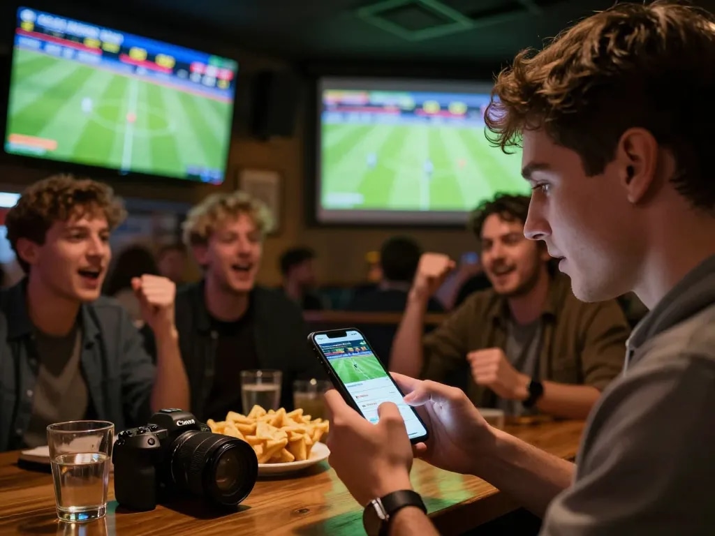 Engaging sports betting at the moment with keo nha cai displayed on smartphone, energetic atmosphere and enthusiastic fans.