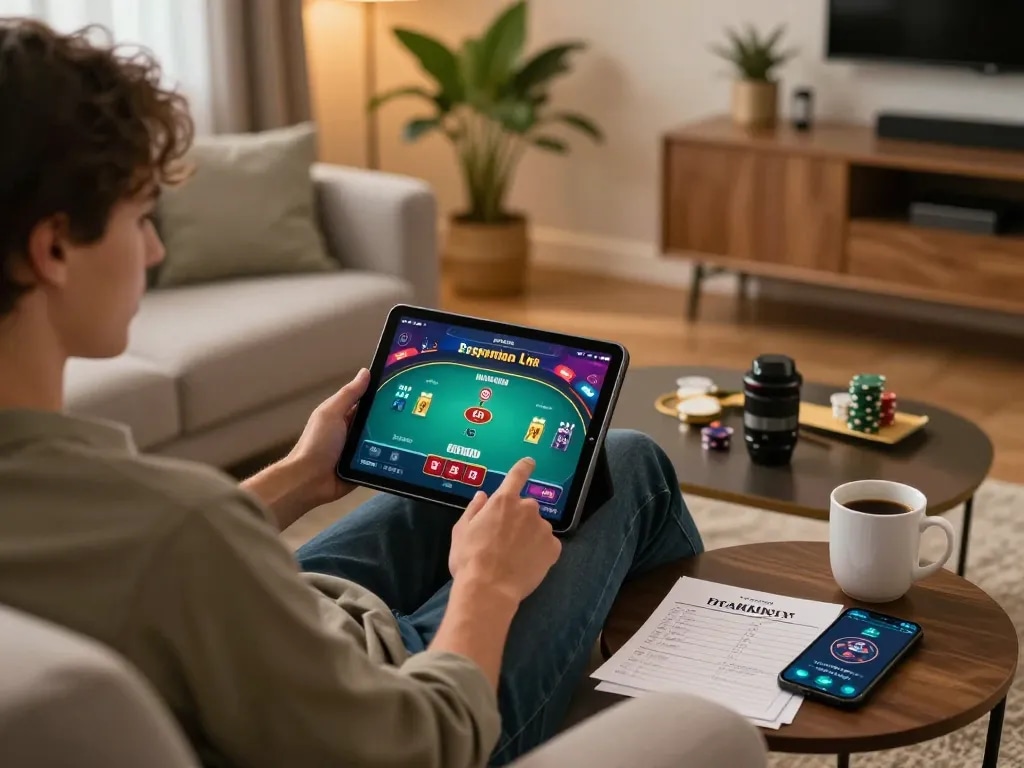 Engaging in an online poker game on a tablet while tracking bankroll at home, rik vip gaming experience.