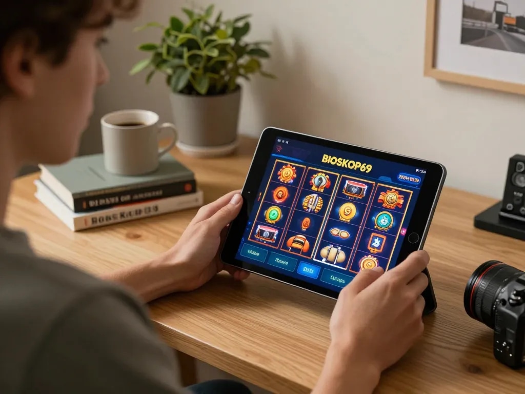 Pengalaman permainan online yang menarik dengan BIOSKOP69 di tablet dalam kantor rumah yang stylish.