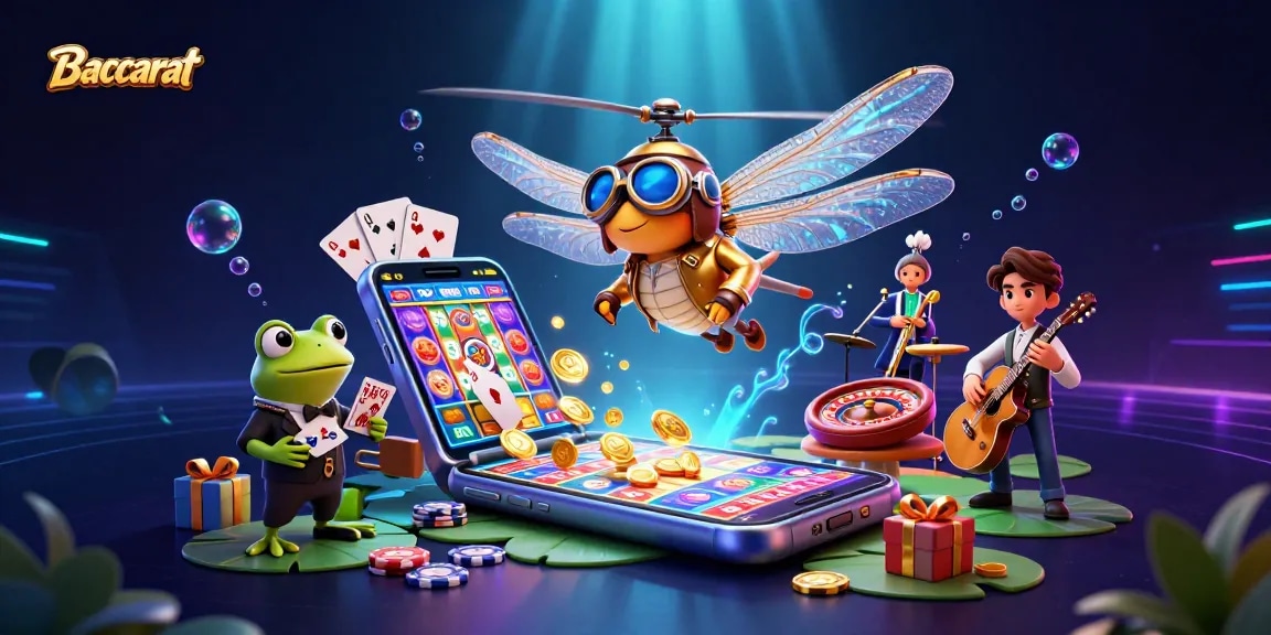 Baccarat game scene with cartoon dragonfly aviator, frog croupier dealing cards, and jazz musicians.