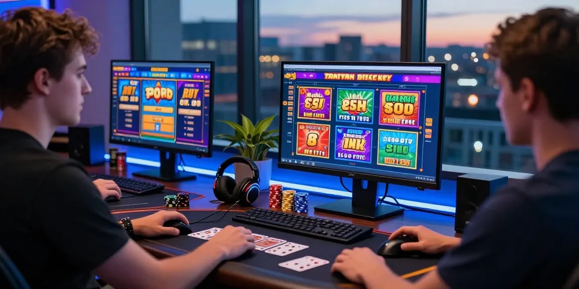 Player exploring bonus buy slots UK at a vibrant online casino, showcasing exciting graphics and gaming gadgets.