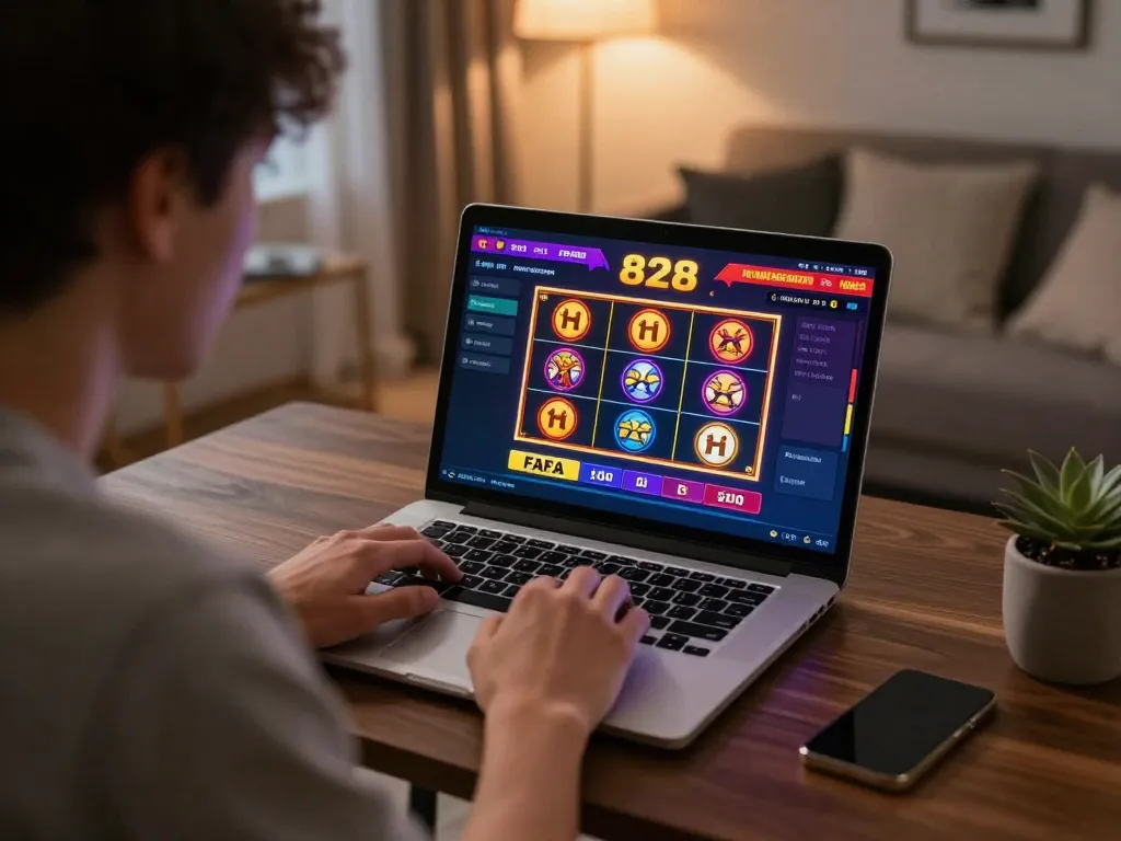 Engaged player enjoying FAFA 828 casino game on laptop in a cozy home setting