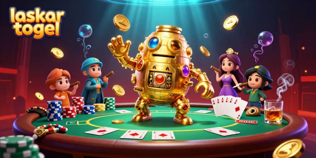 Play winning strategies at laskar togel with a vibrant scene of a golden golem and poker elements.