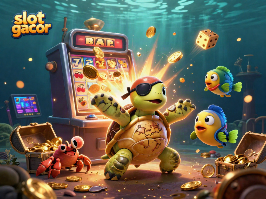 Ilustrasi slot gacor yang penuh warna dengan karakter bawah laut dan mesin slot yang mengeluarkan koin.