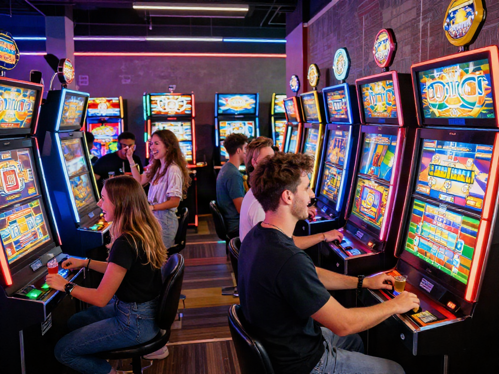 Friends enjoying a lively slot machine session in a vibrant arcade atmosphere.
