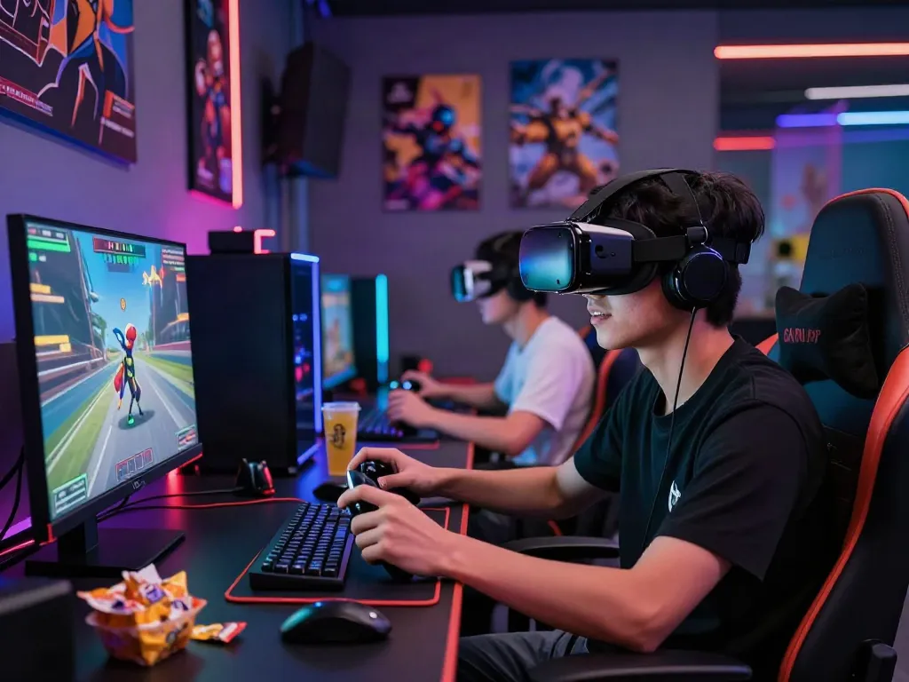 Exciting gaming moment showcasing akunjp in a vibrant virtual reality setup.