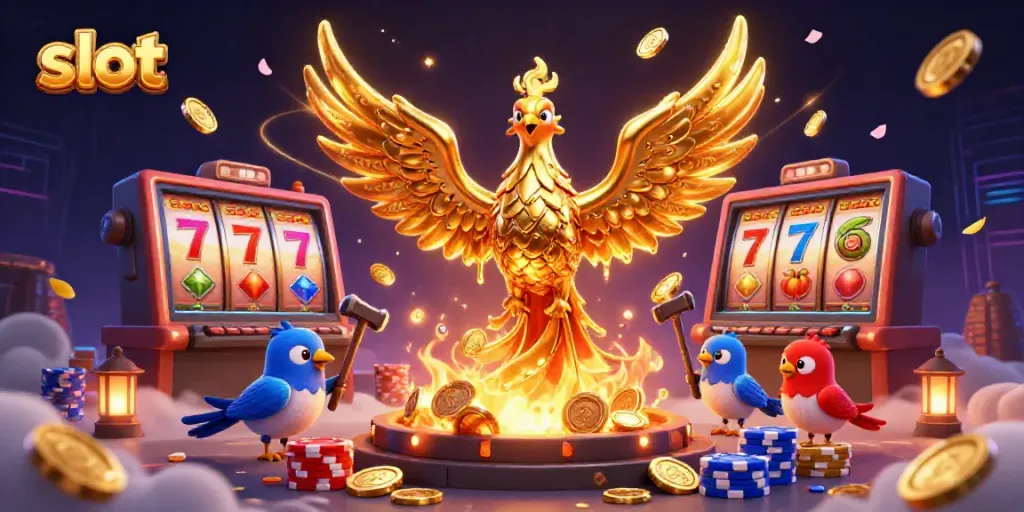 Engage with slots as a golden phoenix heralds liquid gold coins, bringing luck and excitement.