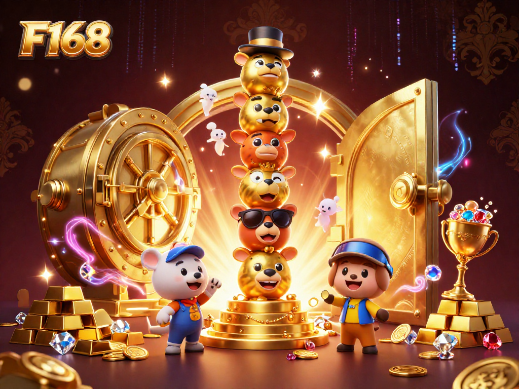 Enter the exciting world of F168 with a dynamic casino scene filled with treasures and animated characters.