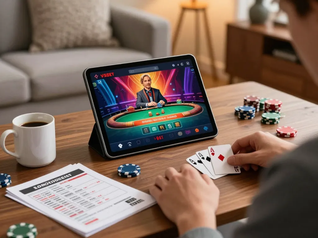 VSBET player engaging in strategic poker game on a tablet in a cozy home environment.