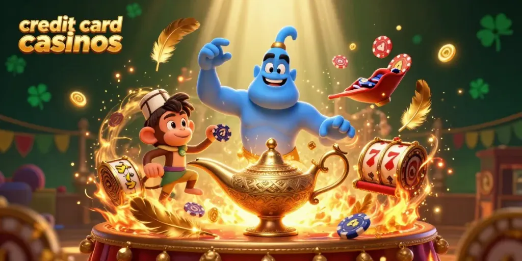 Engage in thrilling gameplay with credit card casinos featuring a powerful genie and poker chips.