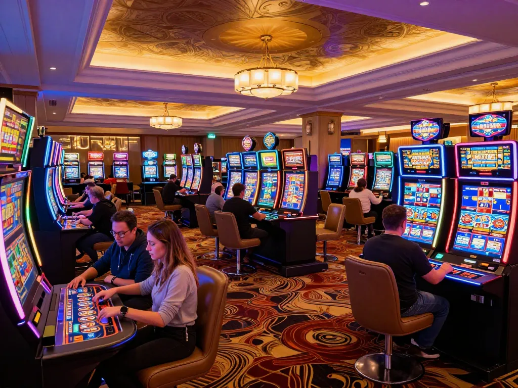 Players enjoying thrilling games at the AMAN788 casino venue with vibrant slot machines