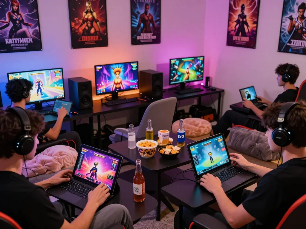 Group of gamers enjoying porngames in a cozy gaming room with vibrant screens