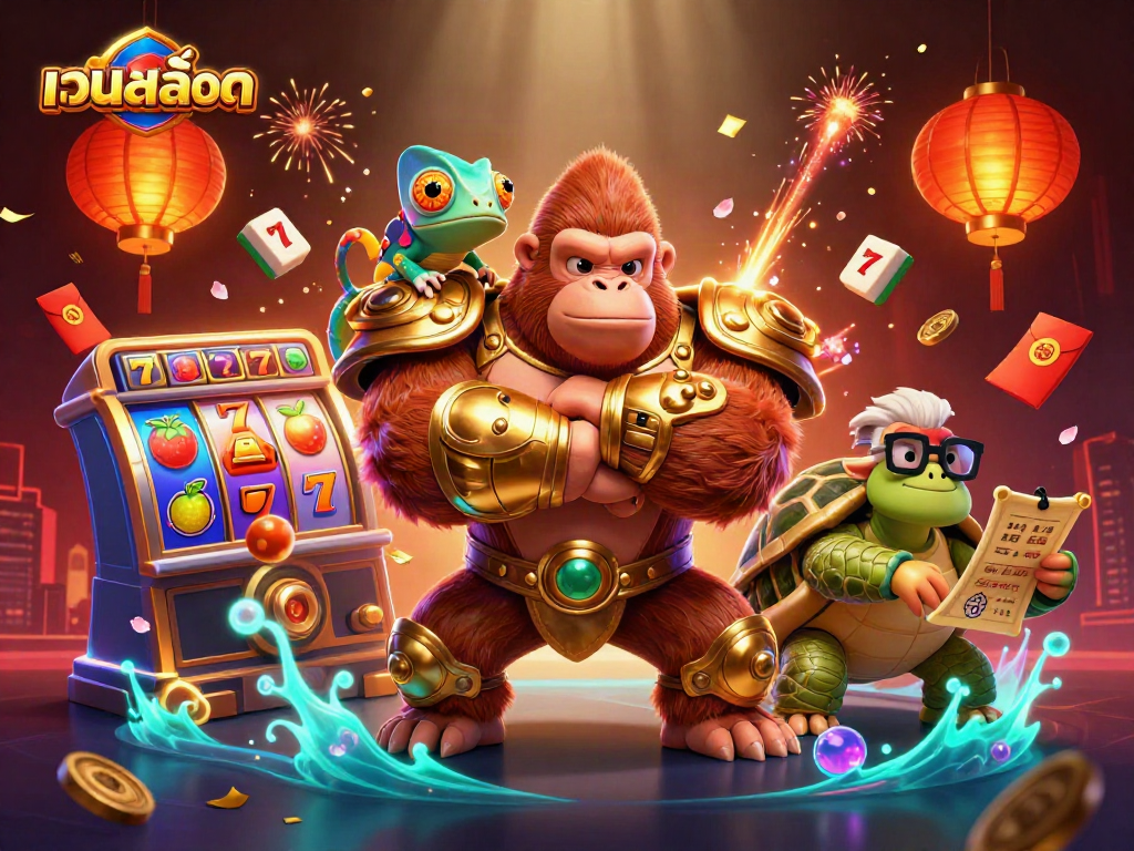 Explore เว็บสล็อต with vibrant characters and dynamic casino elements in an exciting illustration.