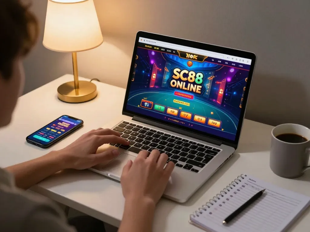 Player engaged with SC88 online casino on laptop with vibrant games and strategy notes