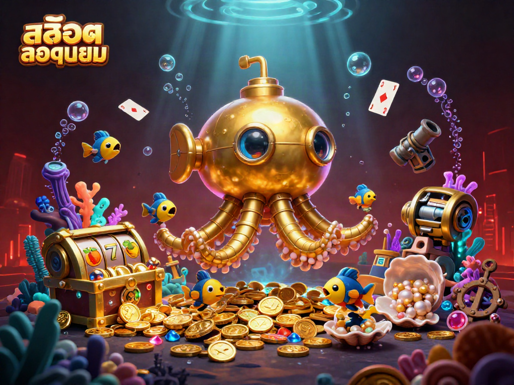 Engage with สล็อตยอดนิยม in a vibrant underwater scene, featuring a golden kraken submarine amidst golden coins and slot symbols.