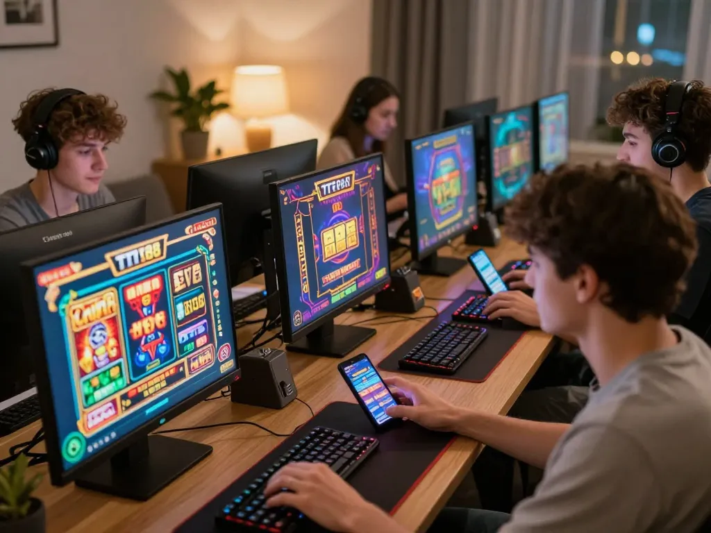 Players engaging with TT88 online betting games in a vibrant home environment