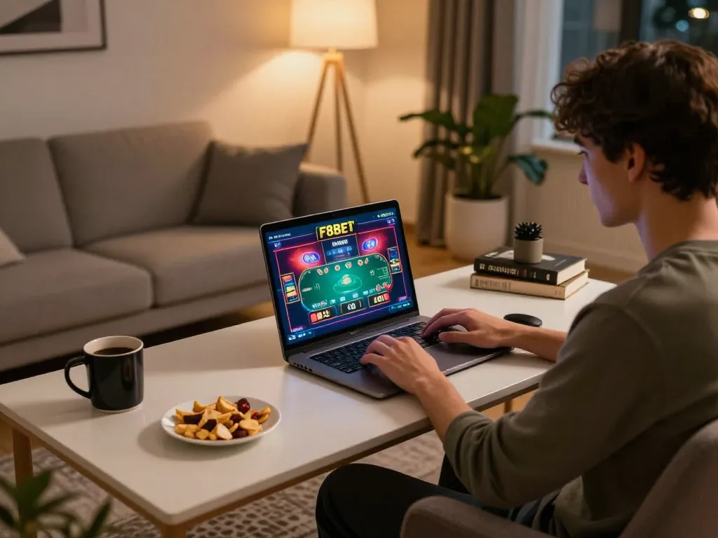 Experience F8BET online poker gameplay from a cozy home setup with dynamic atmosphere.