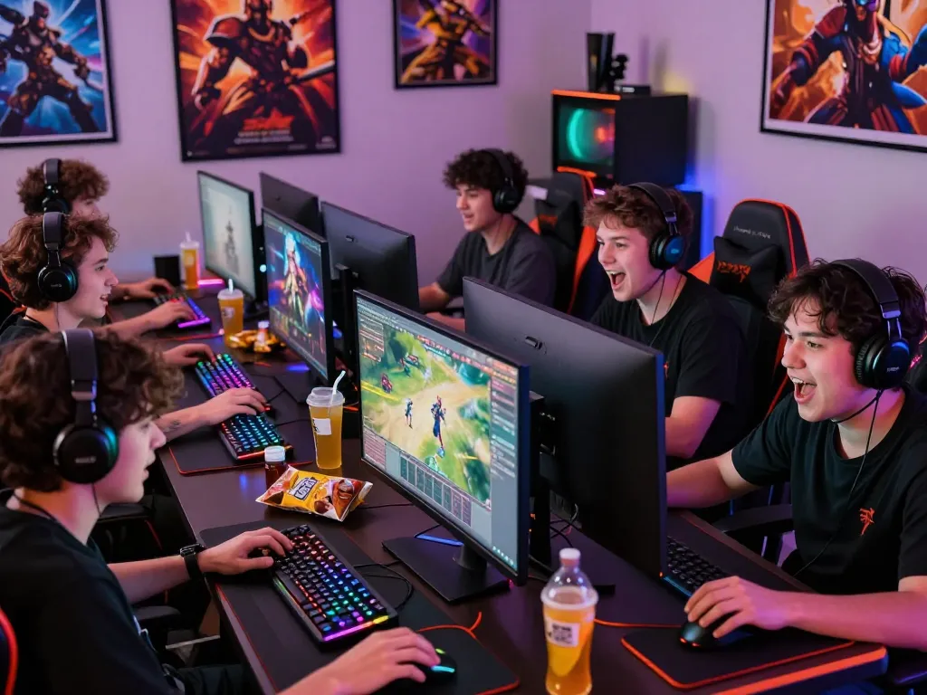 Exciting gaming environment with players immersed in hoki288 online games, showcasing vibrant screens and dynamic atmosphere.