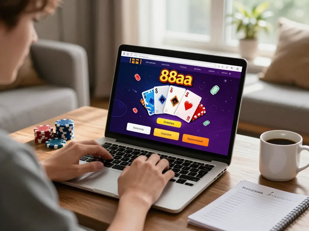 Player engaging with 88aa online casino on laptop, showcasing exciting gambling action and responsible gaming.