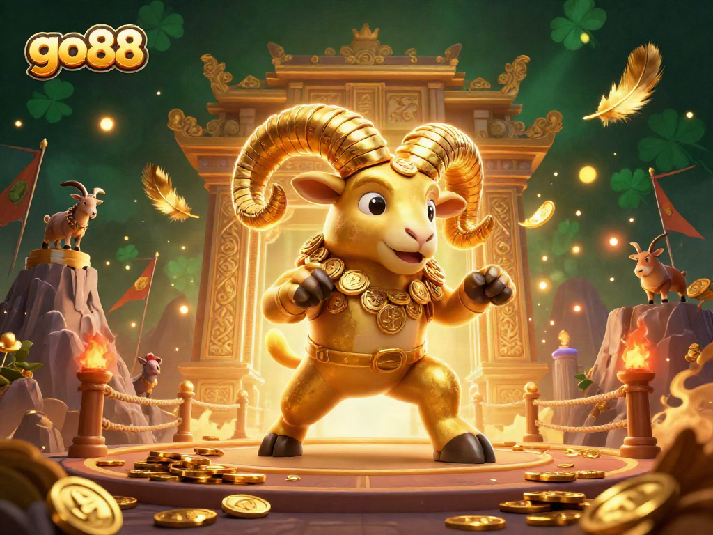 Bet on go88 with the charging golden ram illustration amidst a vibrant casino scene.