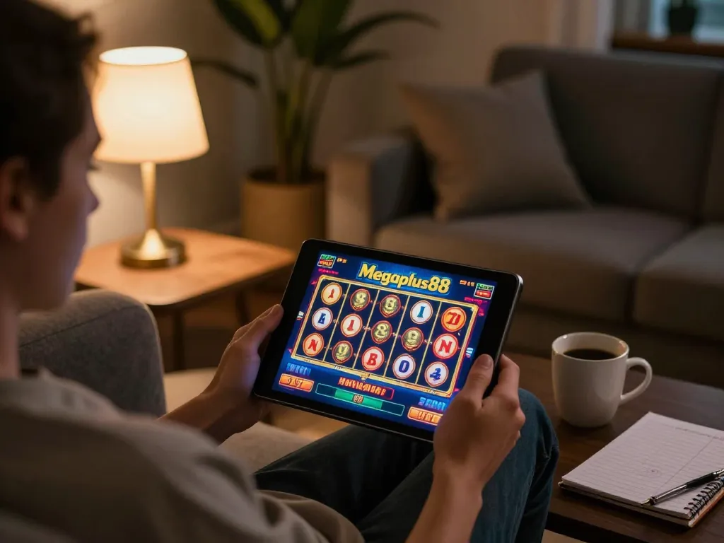 Player enjoying Megaplus88 while focusing on online gaming at home, highlighting a cozy atmosphere