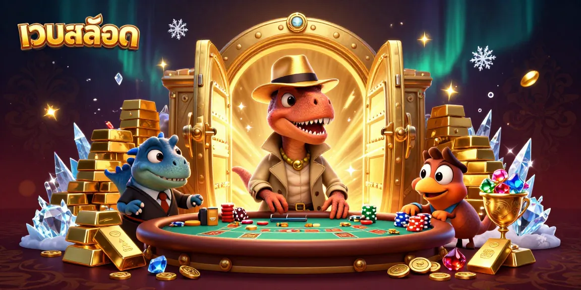 Experience a thrilling เว็บสล็อต adventure with cartoon dinosaurs playing blackjack amidst a treasure-filled scene.