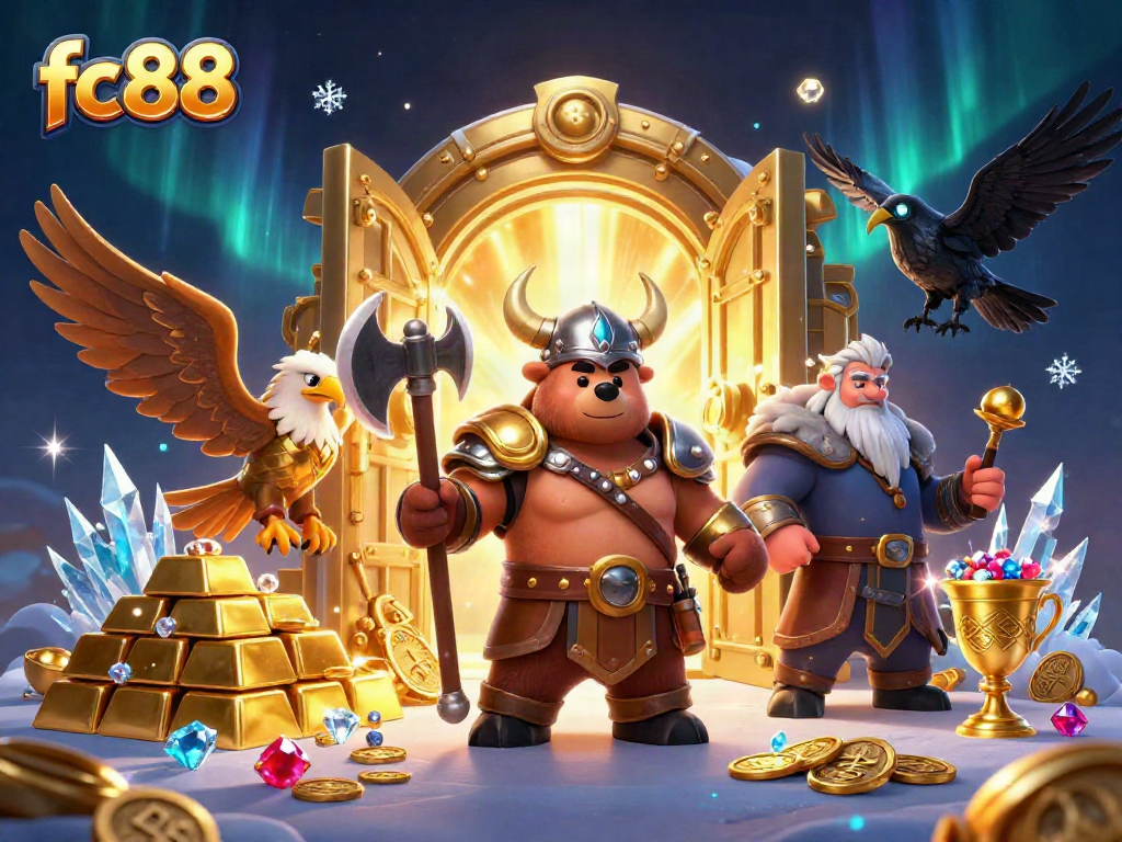 Hình ảnh đại diện cho fc88 với chú gấu Viking cầm rìu chiến và đại bàng Valkyrie giữa cảnh sắc lấp lánh.
