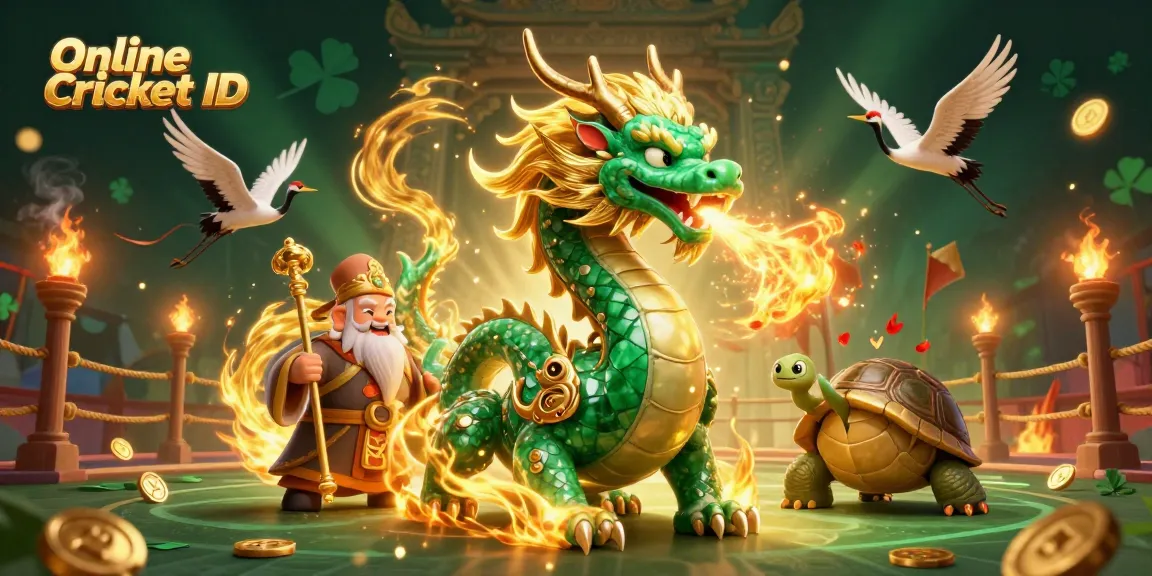Experience the excitement of Online Cricket ID with a dragon, turtle sage, and cranes showcasing vibrant sports betting elements.