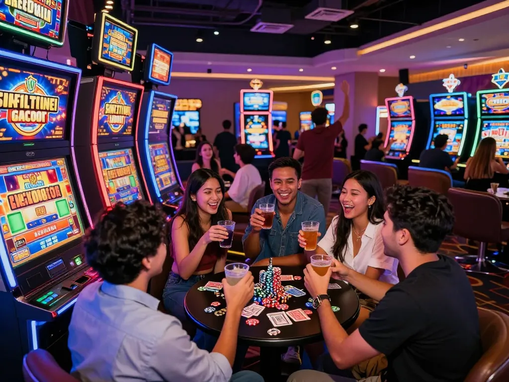 Pengalaman bermain yang menarik di kasino situs slot gacor dengan lampu cerah dan teman-teman yang beragam merayakan