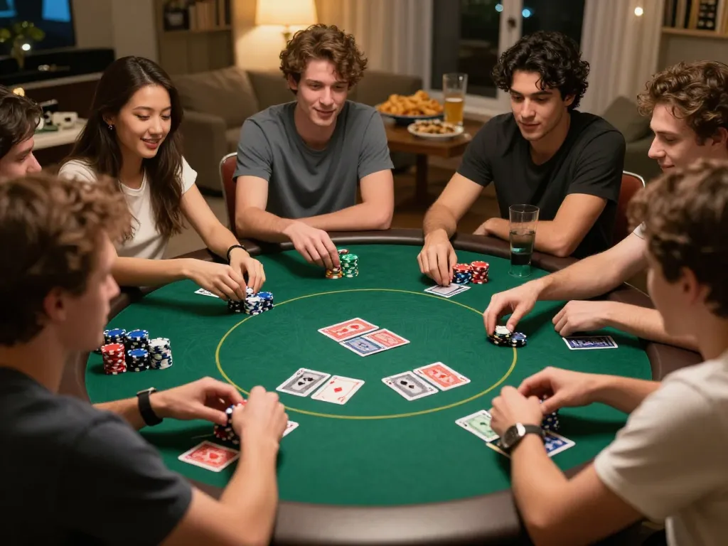 Socolive poker night with friends actively playing, colorful chips and cards on a round table