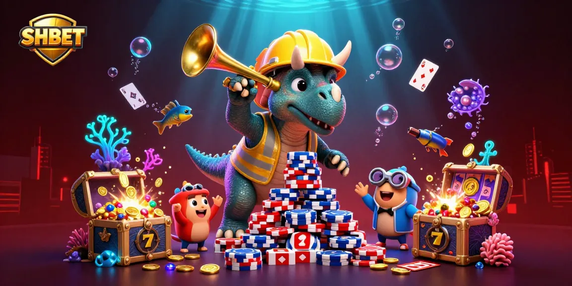 Engage with SH BET's thrilling games as a triceratops celebrates with poker chips in a lively casino scene.