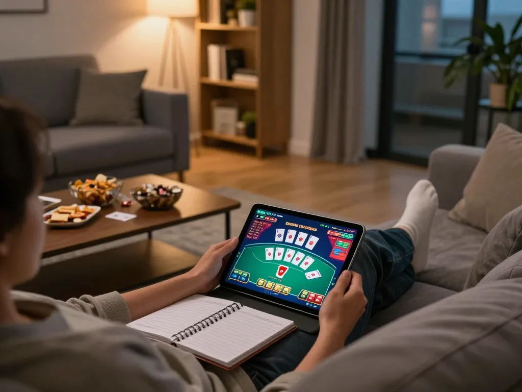 Engaging in online casino games on a tablet while preparing gaming strategies at home. Visit website for details.