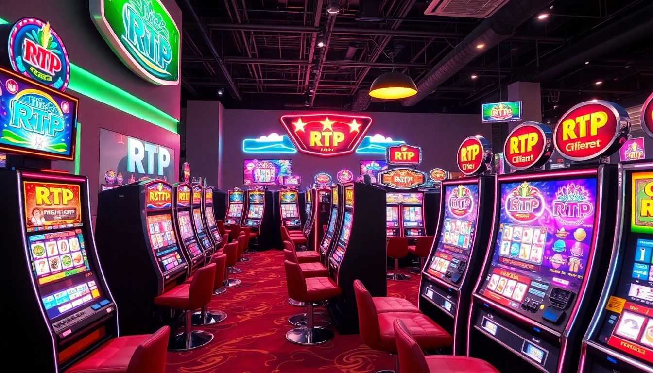 Play exciting rtp slot machines in a vibrant casino environment with bright lighting and lively energy.