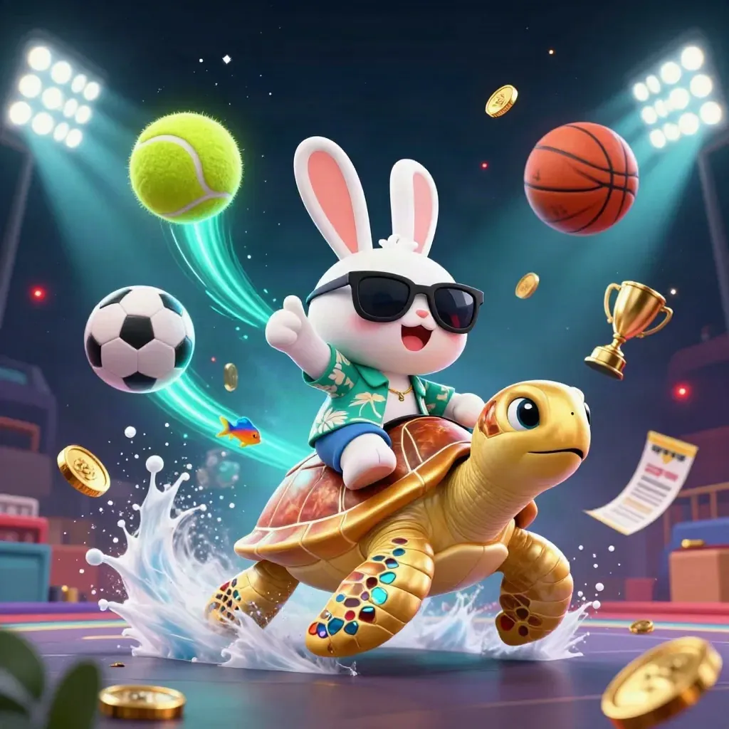 Cartoon rabbit on a golden sea turtle amid flying sports balls, coins, lights, and a starry neon sky