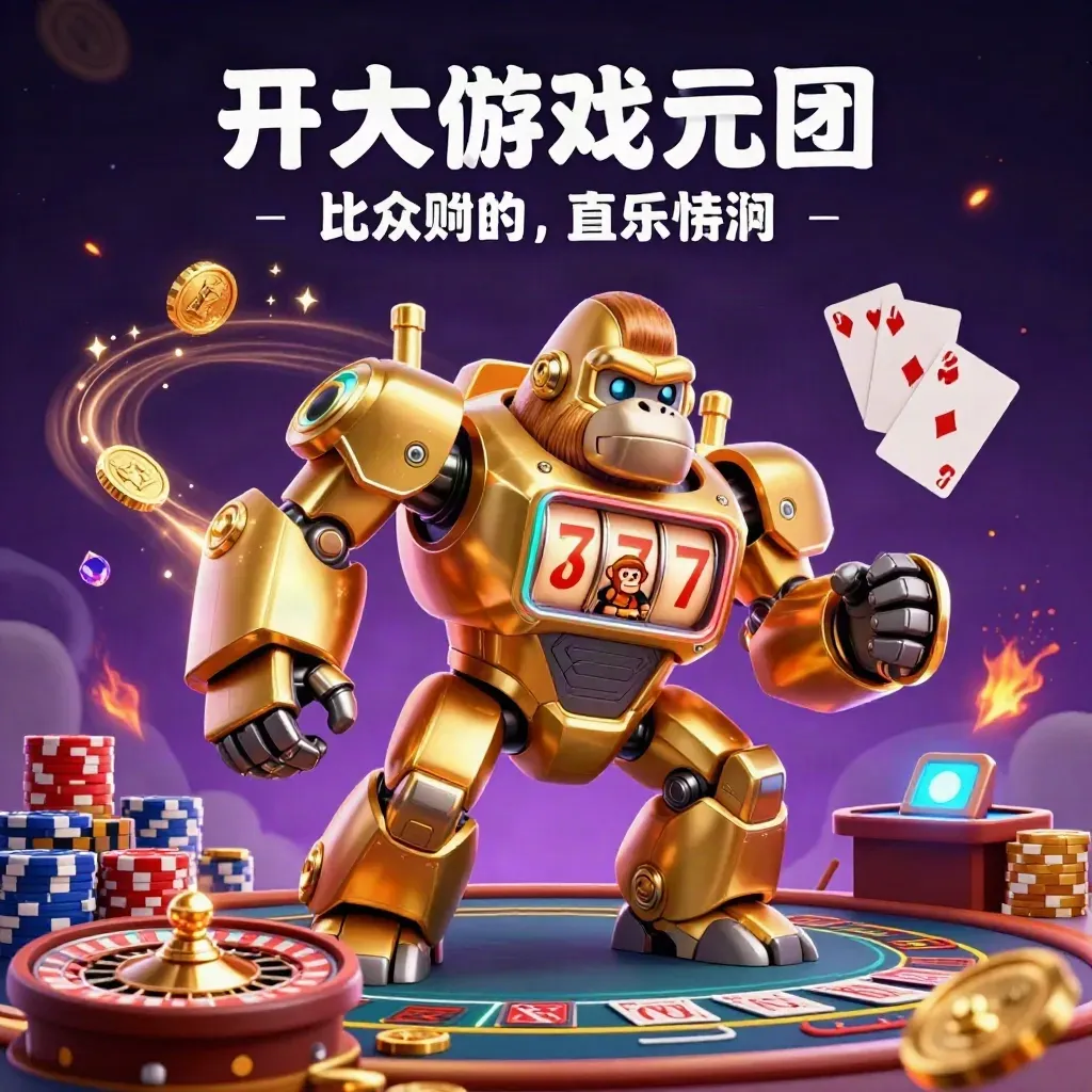 Golden gorilla slot-mech with monkey pilot blasting coins, cards, wheel, and chips in neon casino glow