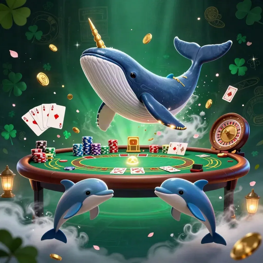 Whale captain, narwhal, and dolphins in a neon casino sea of coins and cards.