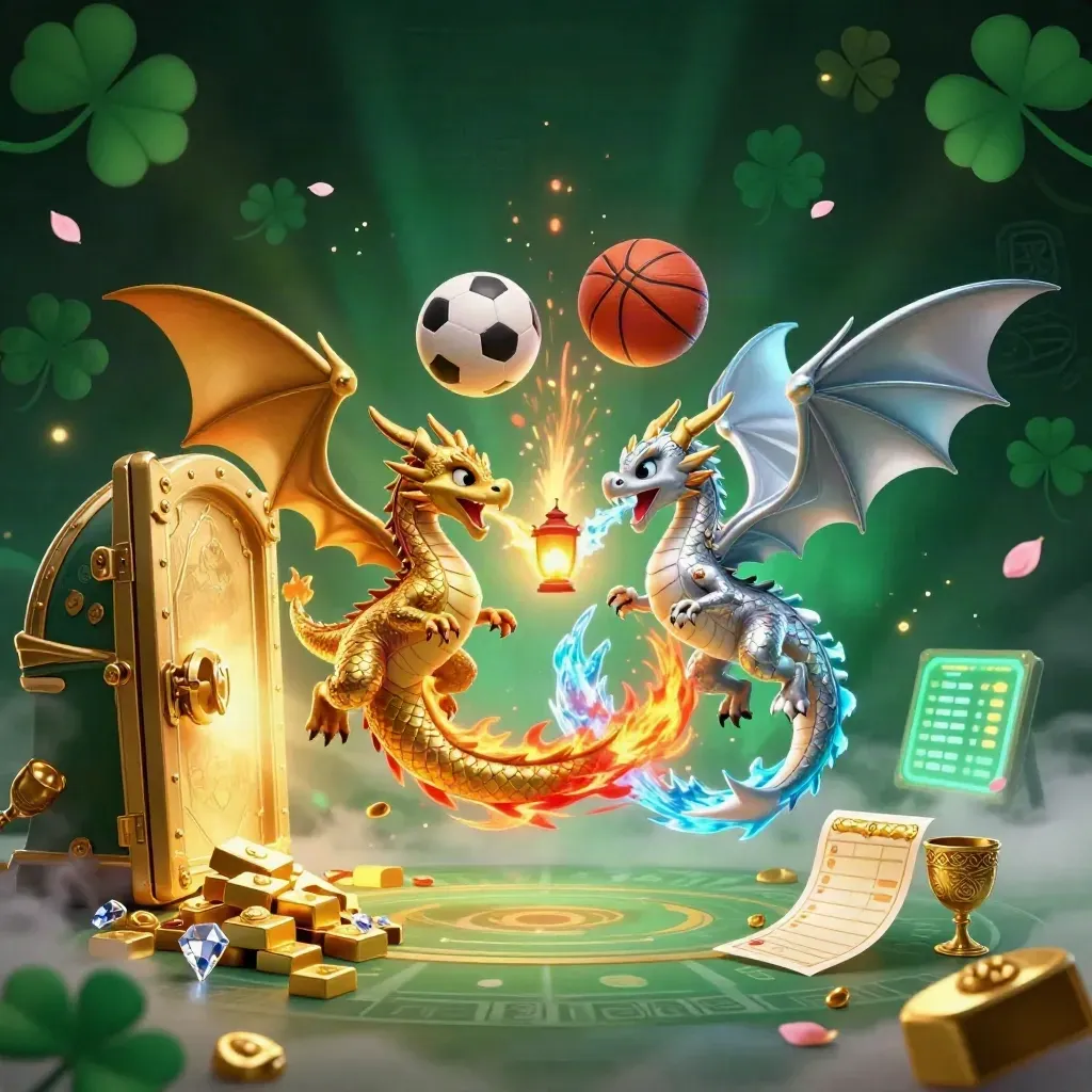 Twin dragons spiral through fire and ice above treasure, balls, and casino loot in neon light.