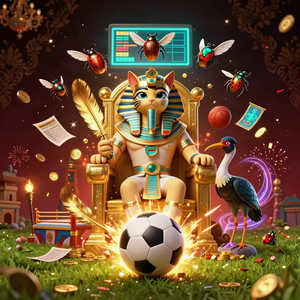 Pharaoh cat, ibis scribe, and scarabs around a flying soccer ball in luxe casino glow