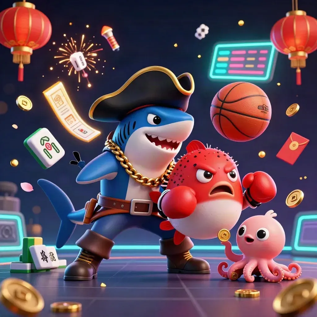 Pirate shark, pufferfish, and octopus with casino sports props amid neon gold chaos