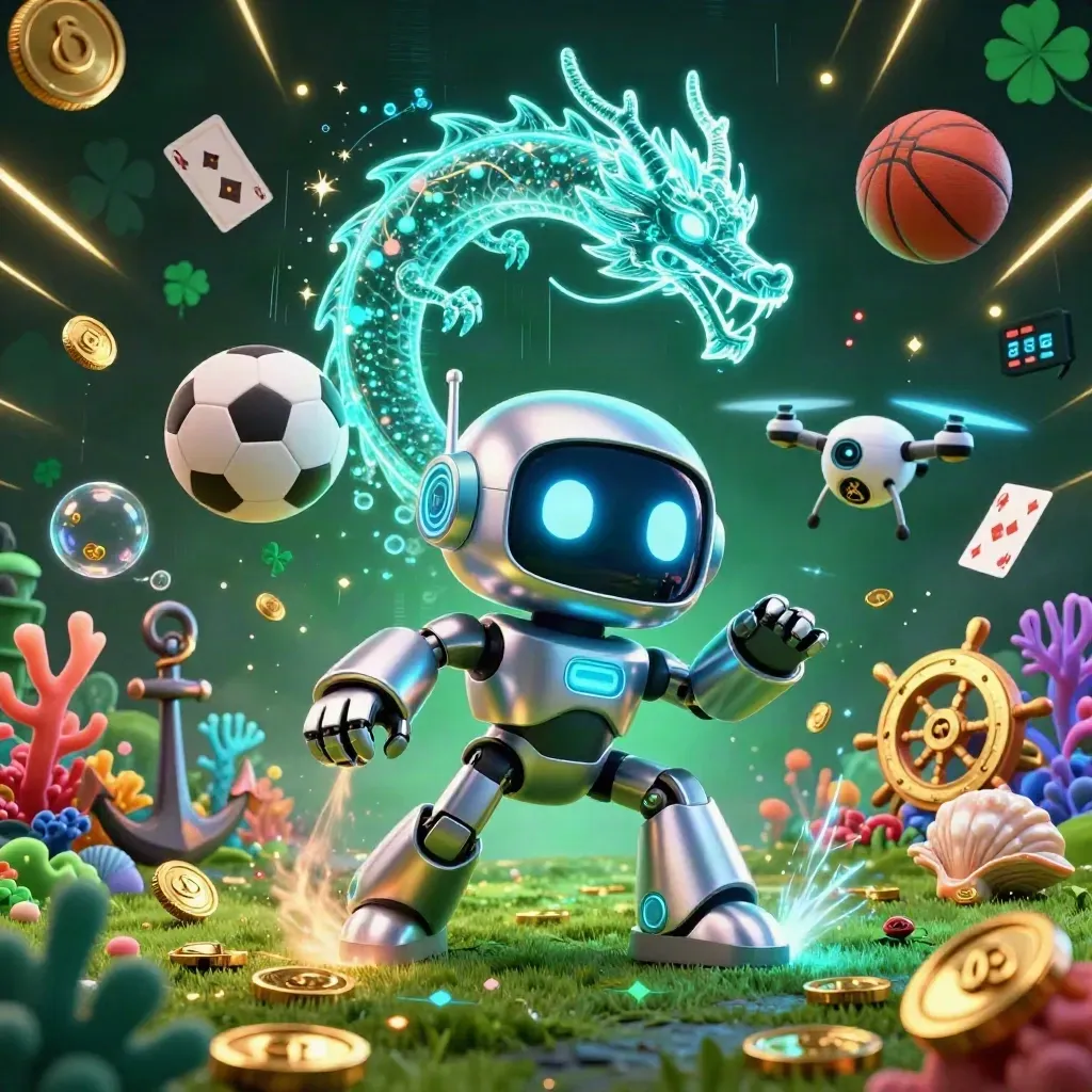 Cyberpunk robot, holographic dragon, and coin drone amid treasure-cove casino sports chaos.