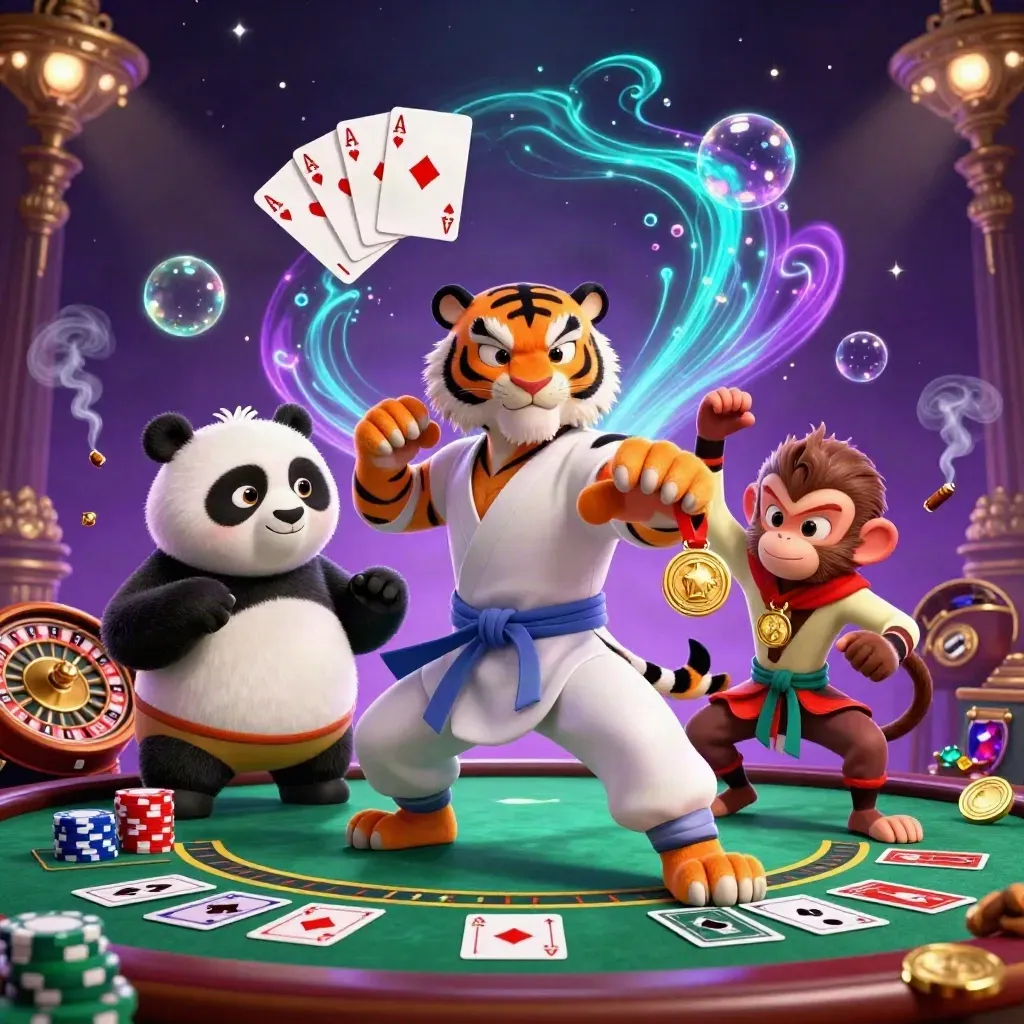 Kung-fu tiger, panda, and monkey in a neon casino scene with cards, chips, and glowing effects