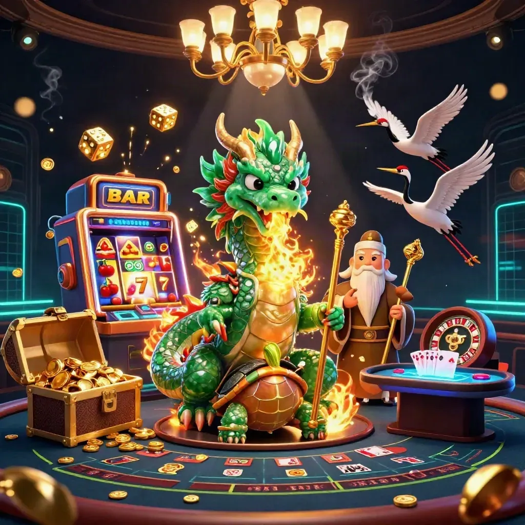 Emerald dragon, turtle sage, and cranes in a neon casino burst with slots, dice, and gold