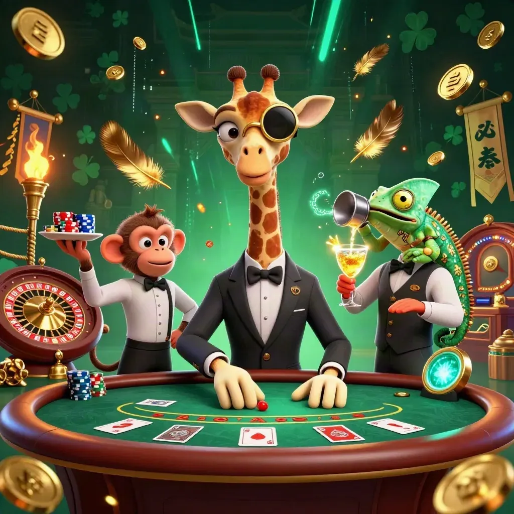 Giraffe, monkey, and chameleon in a luxe casino scene with neon glow, coins, and spinning roulette.
