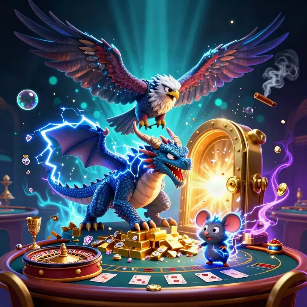 Thunder dragon, wind hawk, and static mouse amid a glowing casino vault of gold and jewels.
