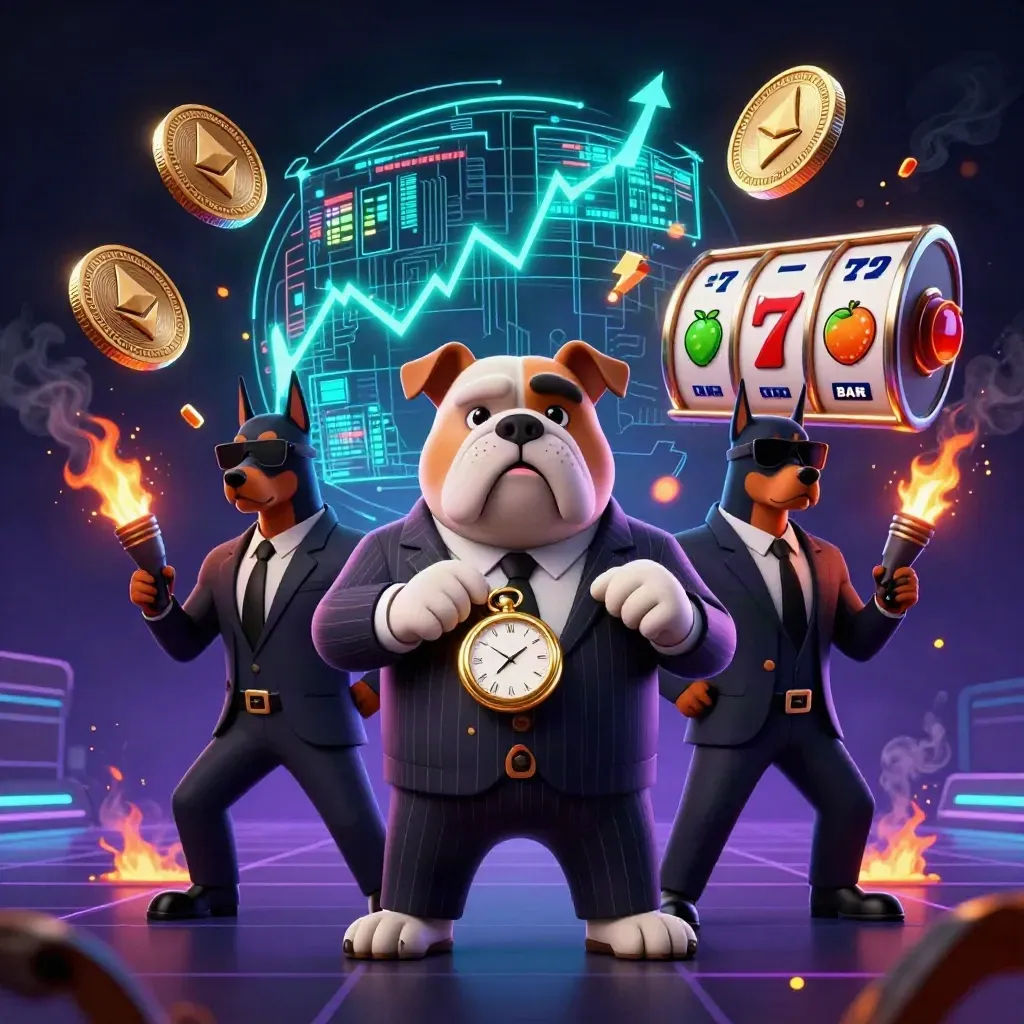 Bulldog boss and two Dobermans amid neon coins, lightning, and casino energy