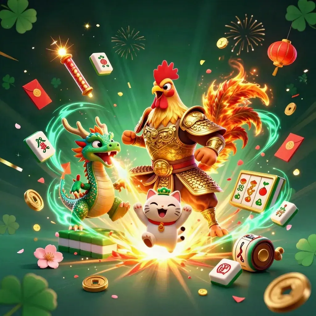 Rooster warrior, dragon hatchling and fortune cat amid casino bursts, jade coins and fireworks.
