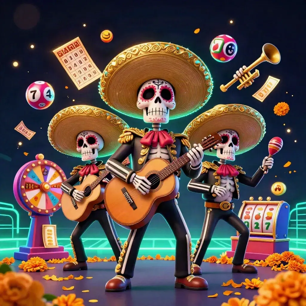 Skeleton mariachi trio with lottery balls, bingo card and glowing casino effects in teal and gold.