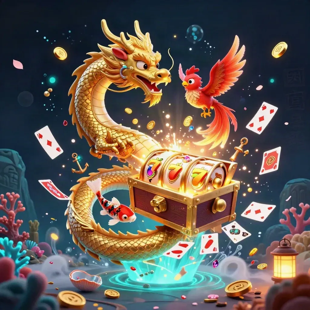 Dragon, phoenix, and koi erupting from a treasure chest in an underwater neon casino cove