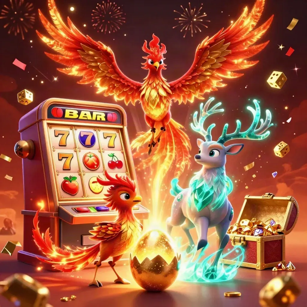 Fire phoenix, hatching baby phoenix, and crystal stag with slot burst, gold, embers, and teal magic.