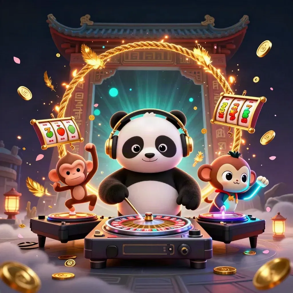 DJ panda, breakdancing monkey, and glow-stick kitten in a neon casino rave scene with roulette wheels